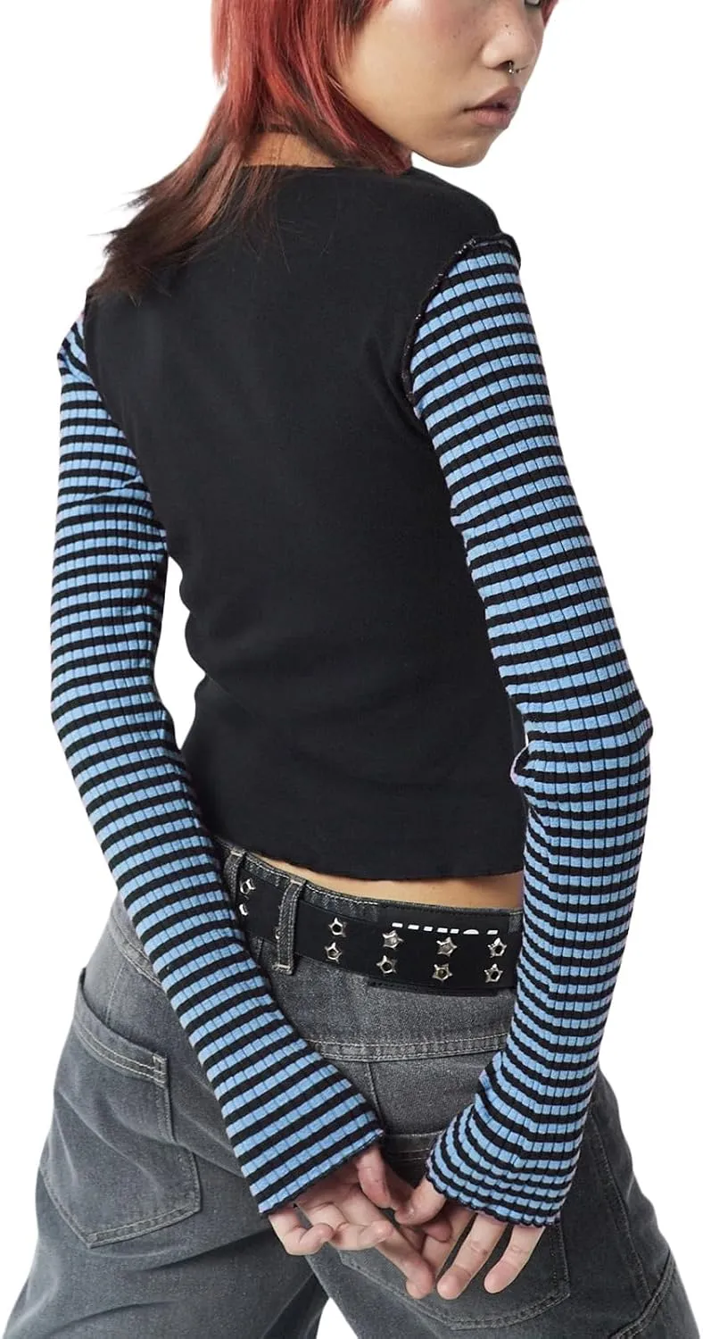 Women Vintage Star Pattern Stripes Patchwork T Shirts Long Sleeve Crew Neck Crop Top Casual Y2K 90s Streetwear