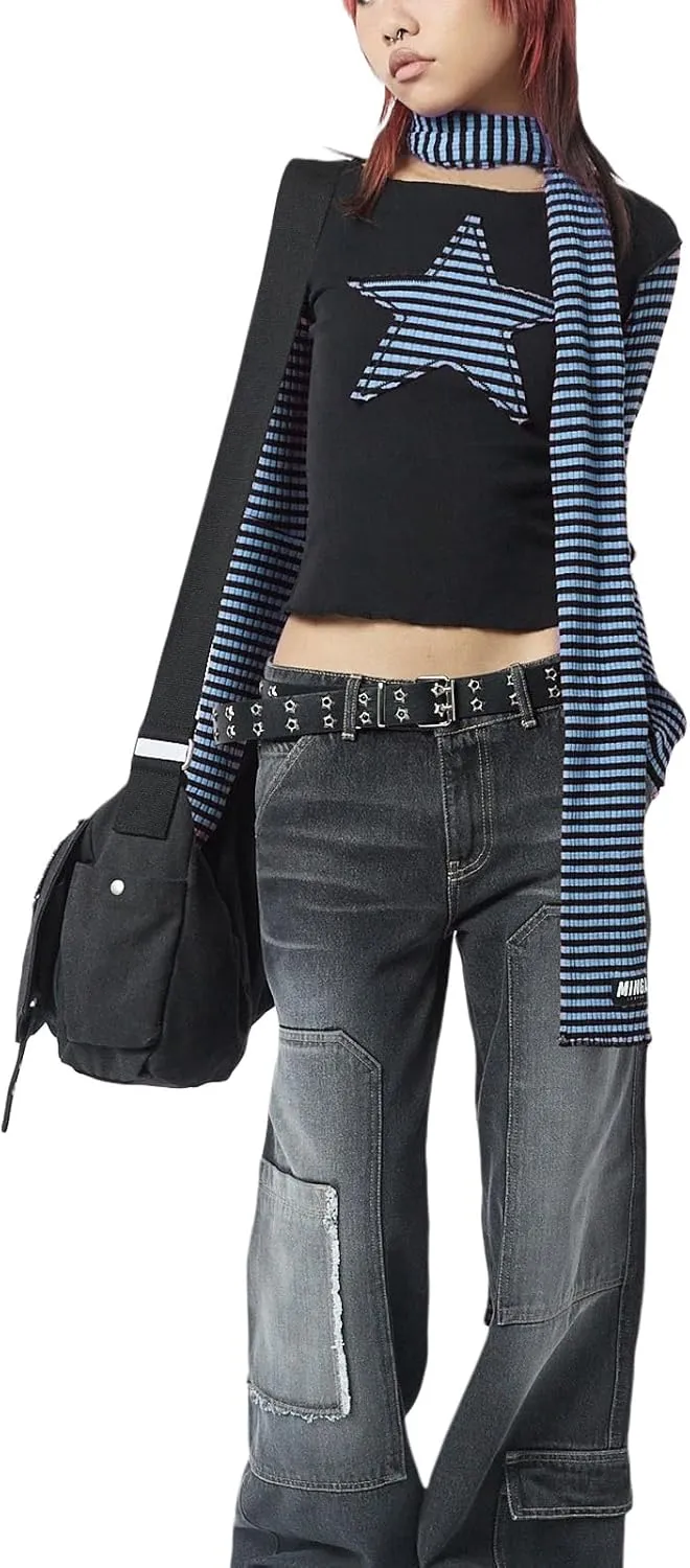 Women Vintage Star Pattern Stripes Patchwork T Shirts Long Sleeve Crew Neck Crop Top Casual Y2K 90s Streetwear