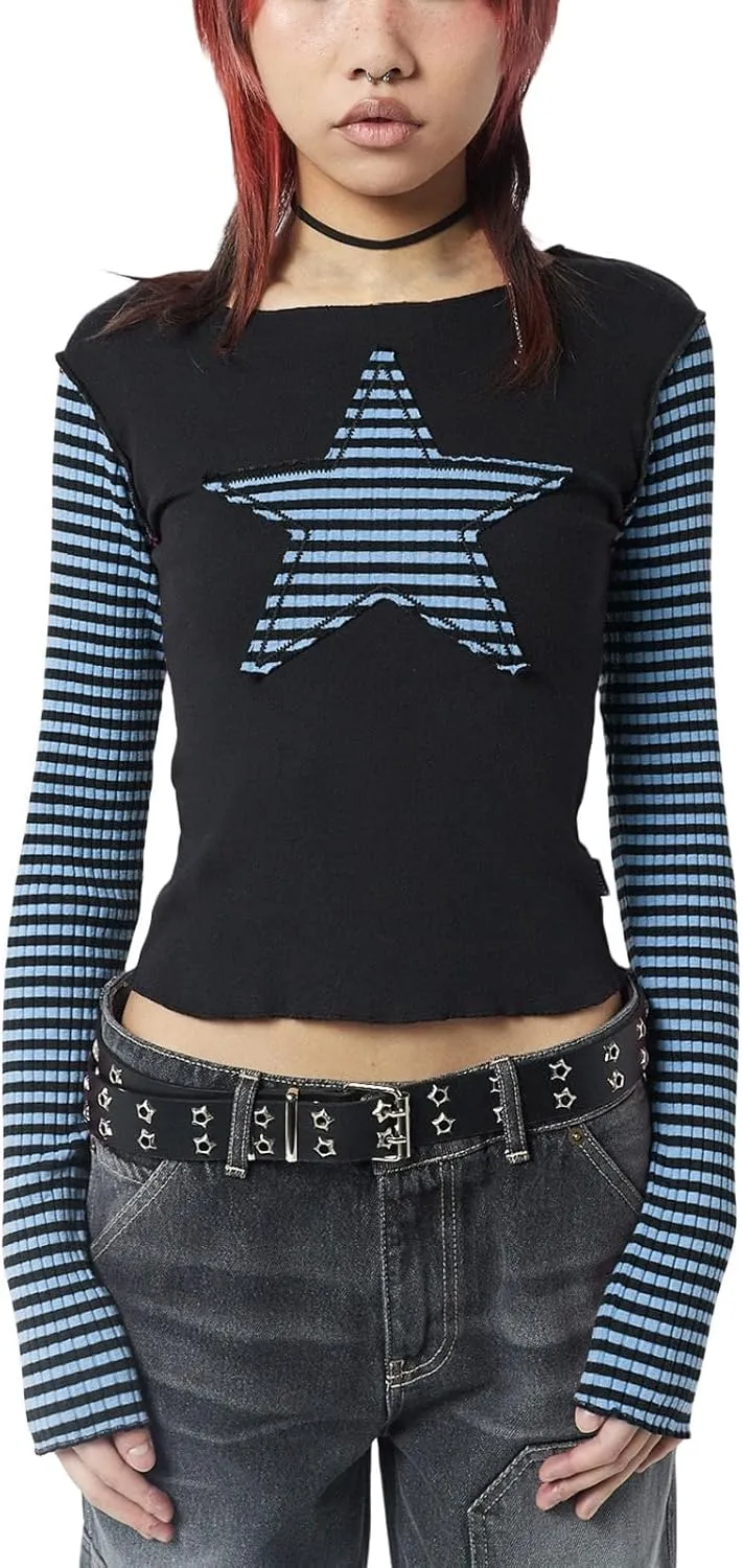 Women Vintage Star Pattern Stripes Patchwork T Shirts Long Sleeve Crew Neck Crop Top Casual Y2K 90s Streetwear