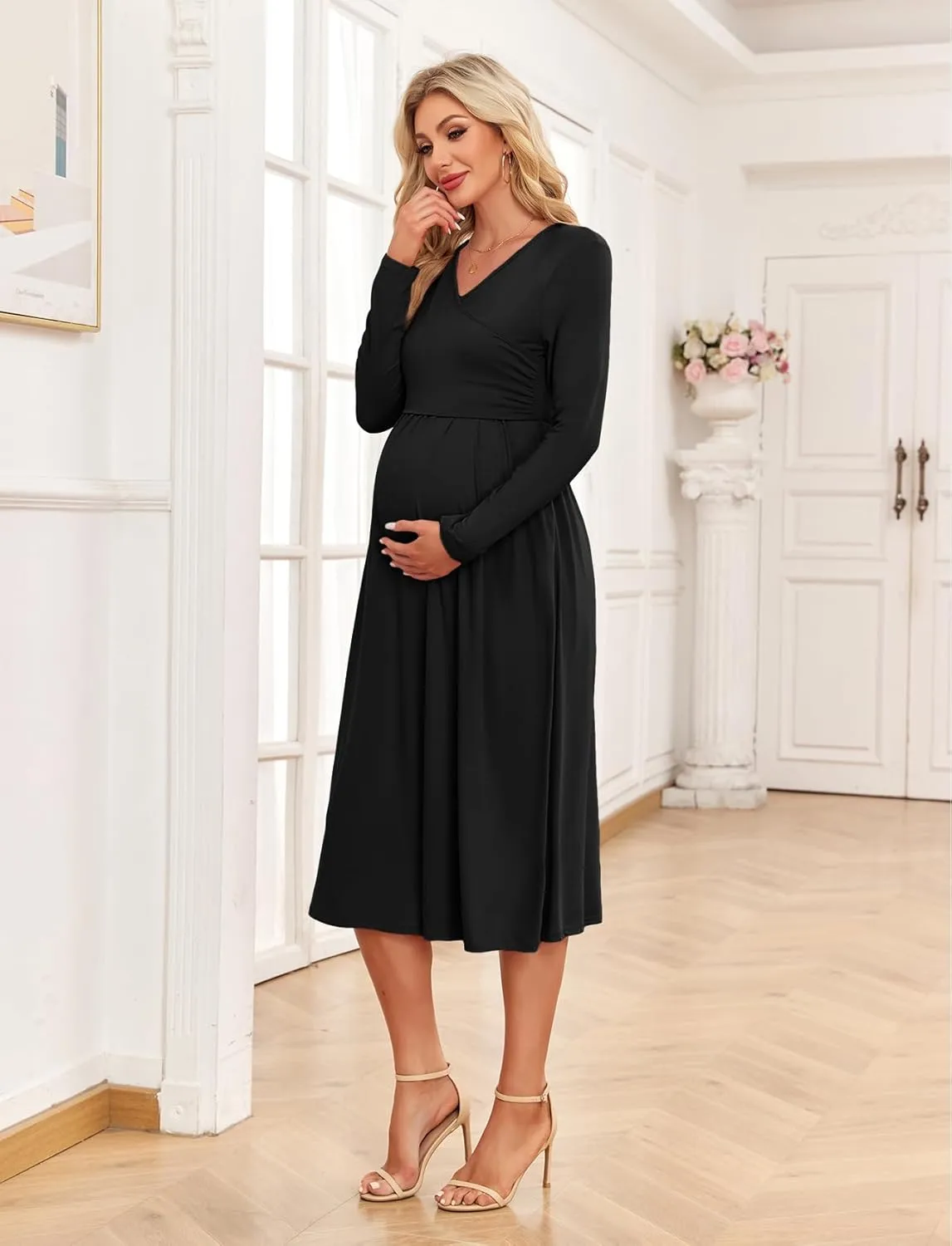 Women's 2024 Fall Patchwork Maternity Nursing Dress with Pockets Long Sleeve V Neck Clothes Midi Pregnancy Dresses