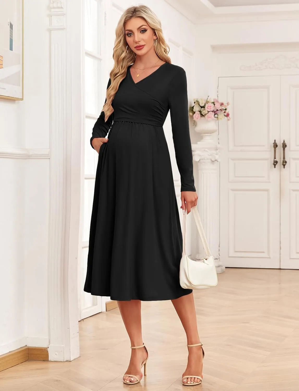 Women's 2024 Fall Patchwork Maternity Nursing Dress with Pockets Long Sleeve V Neck Clothes Midi Pregnancy Dresses