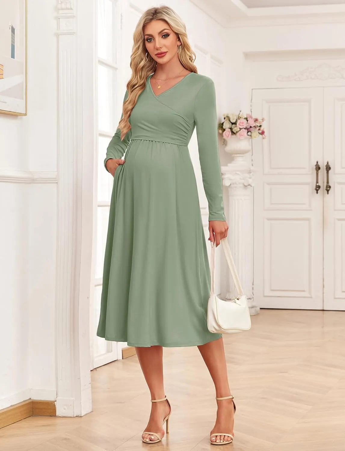 Women's 2024 Fall Patchwork Maternity Nursing Dress with Pockets Long Sleeve V Neck Clothes Midi Pregnancy Dresses