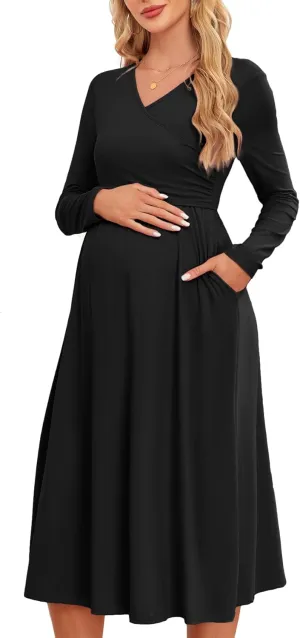 Women's 2024 Fall Patchwork Maternity Nursing Dress with Pockets Long Sleeve V Neck Clothes Midi Pregnancy Dresses