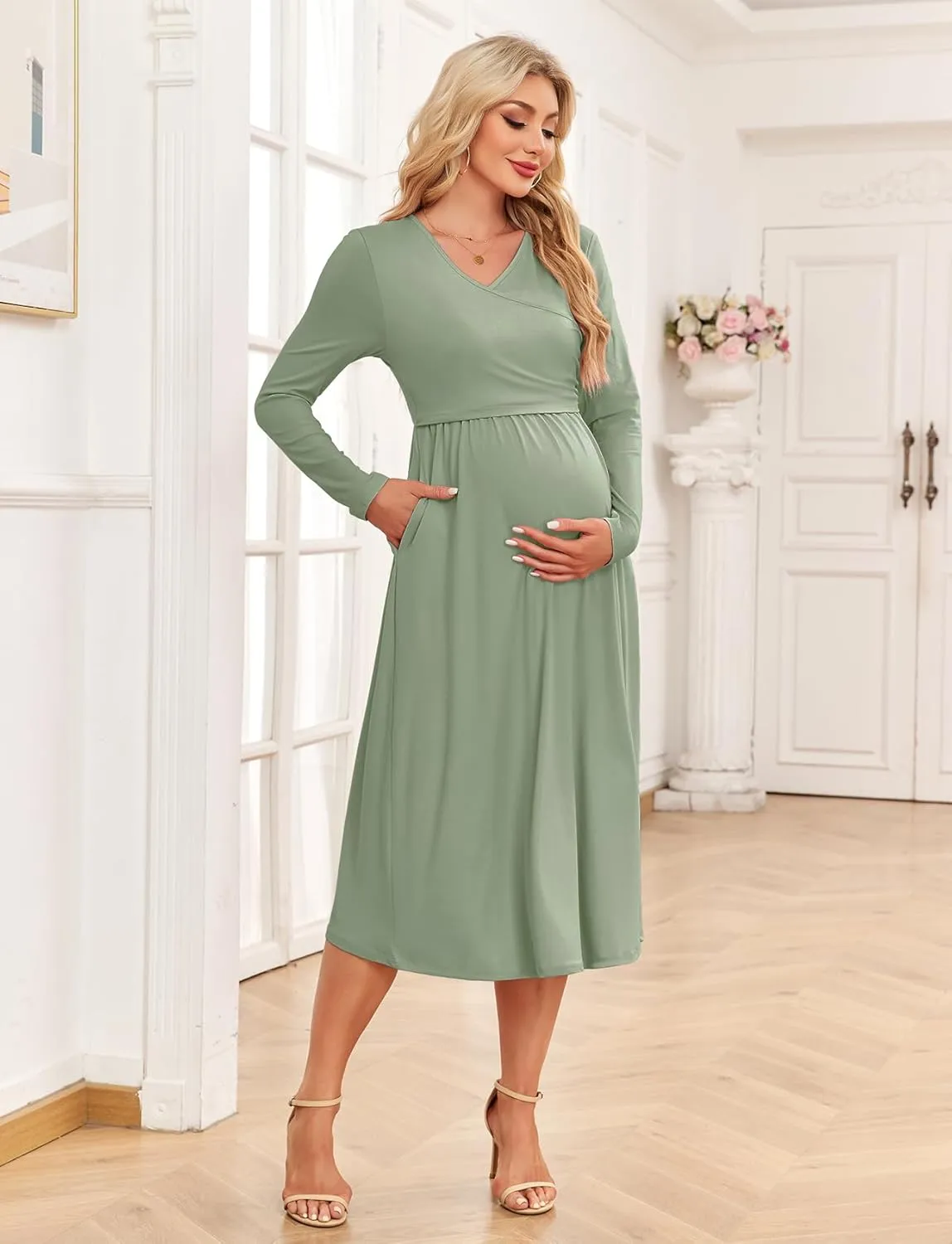 Women's 2024 Fall Patchwork Maternity Nursing Dress with Pockets Long Sleeve V Neck Clothes Midi Pregnancy Dresses