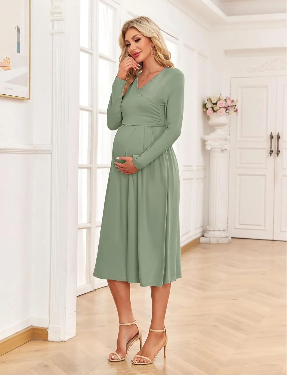 Women's 2024 Fall Patchwork Maternity Nursing Dress with Pockets Long Sleeve V Neck Clothes Midi Pregnancy Dresses