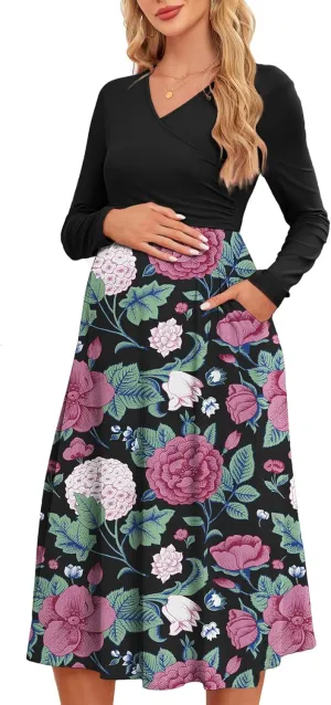 Women's 2024 Fall Patchwork Maternity Nursing Dress with Pockets Long Sleeve V Neck Clothes Midi Pregnancy Dresses