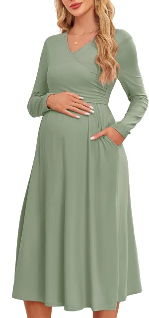 Women's 2024 Fall Patchwork Maternity Nursing Dress with Pockets Long Sleeve V Neck Clothes Midi Pregnancy Dresses