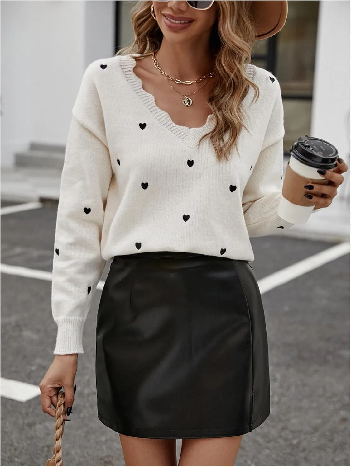 Women's Heart Pattern V Neck Sweater Scallop Trim Long Sleeve Pullover Tops