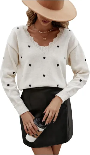 Women's Heart Pattern V Neck Sweater Scallop Trim Long Sleeve Pullover Tops