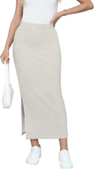 Women's Maxi Skirt Fall Elastic High Waisted Side Slit Casual Stretchy Skirts