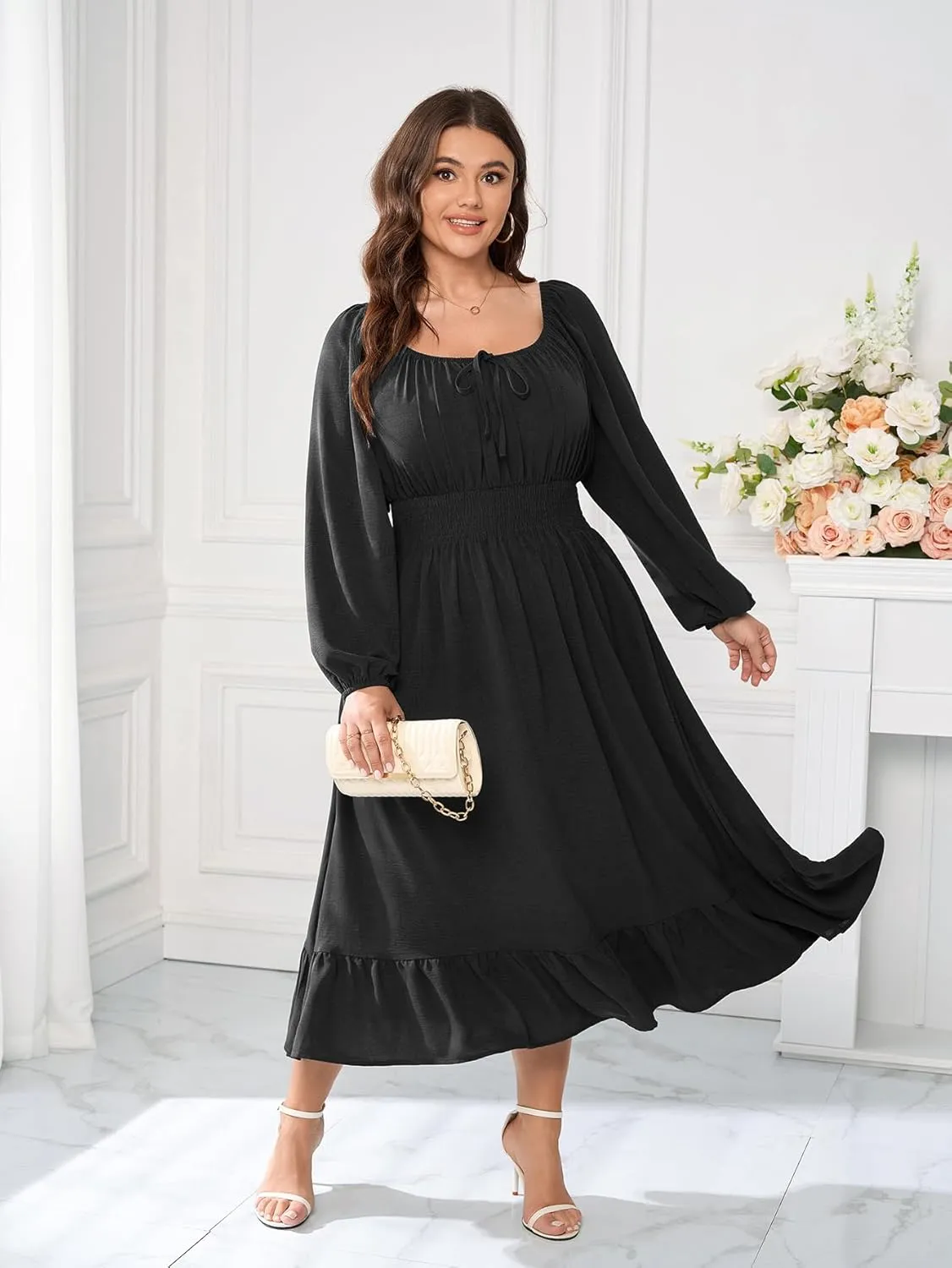 Women's Plus Size Midi Dress Long Sleeve Scoop Neck Elastic High Waist A Line Dresses for Women Wedding Guest Dress