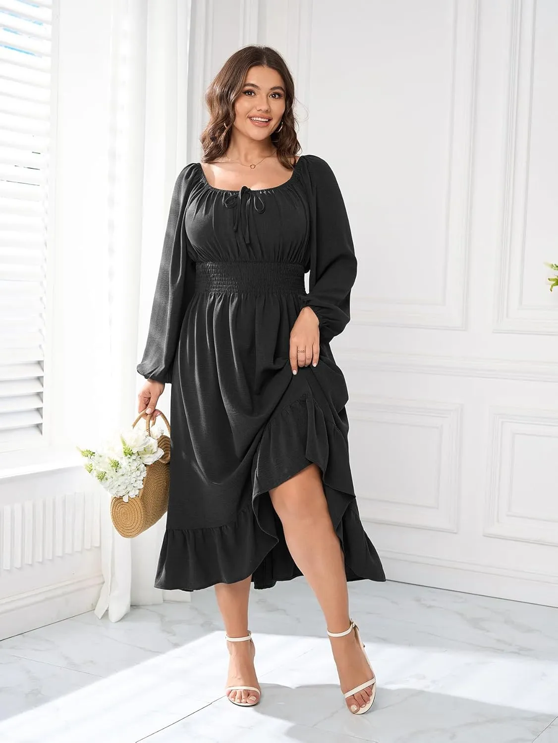 Women's Plus Size Midi Dress Long Sleeve Scoop Neck Elastic High Waist A Line Dresses for Women Wedding Guest Dress
