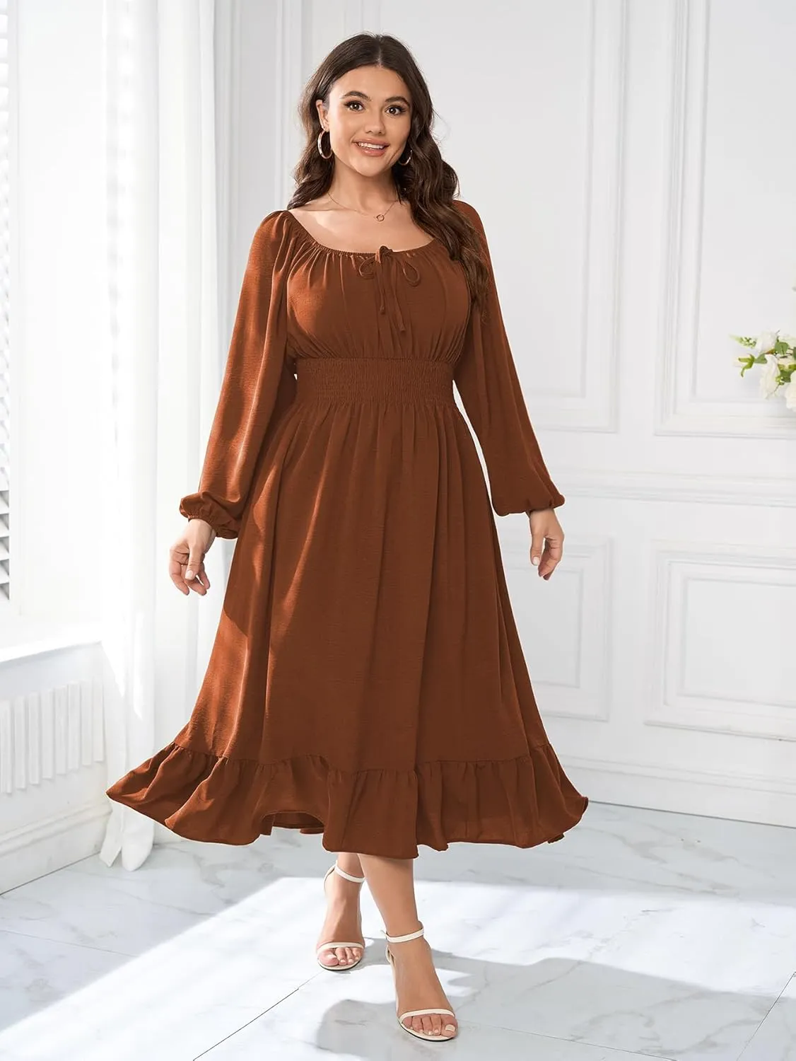 Women's Plus Size Midi Dress Long Sleeve Scoop Neck Elastic High Waist A Line Dresses for Women Wedding Guest Dress