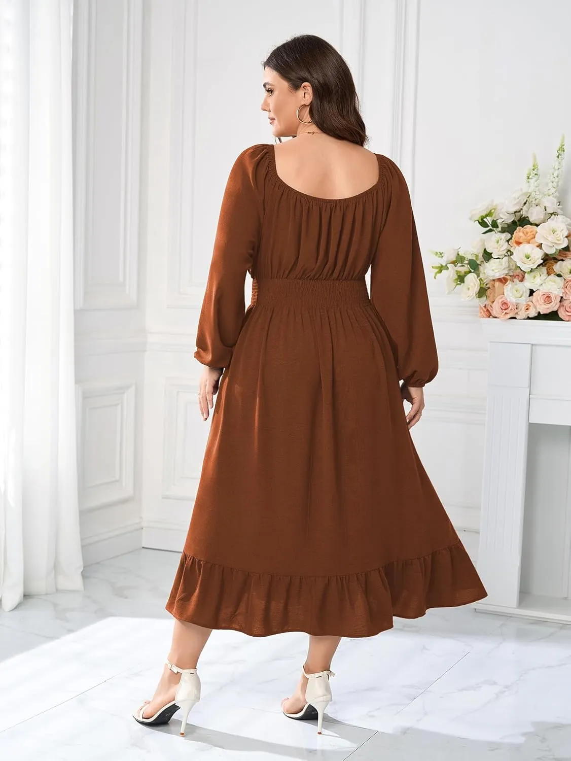 Women's Plus Size Midi Dress Long Sleeve Scoop Neck Elastic High Waist A Line Dresses for Women Wedding Guest Dress