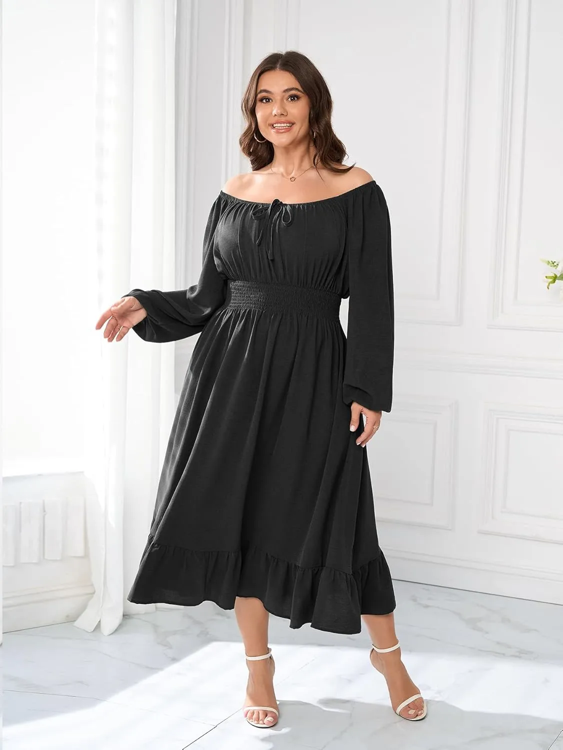 Women's Plus Size Midi Dress Long Sleeve Scoop Neck Elastic High Waist A Line Dresses for Women Wedding Guest Dress