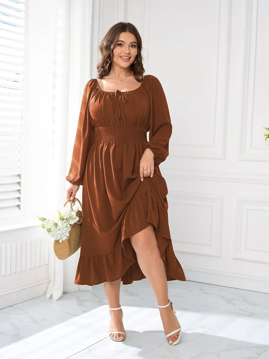 Women's Plus Size Midi Dress Long Sleeve Scoop Neck Elastic High Waist A Line Dresses for Women Wedding Guest Dress