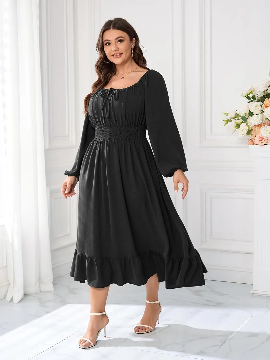 Women's Plus Size Midi Dress Long Sleeve Scoop Neck Elastic High Waist A Line Dresses for Women Wedding Guest Dress