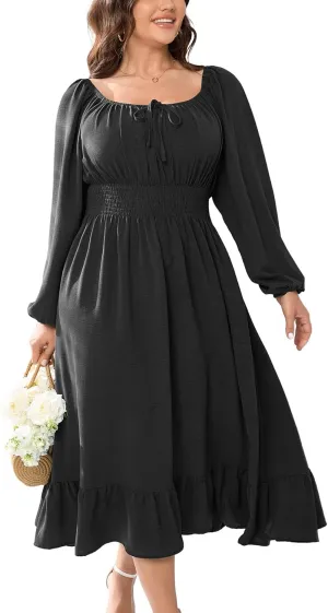 Women's Plus Size Midi Dress Long Sleeve Scoop Neck Elastic High Waist A Line Dresses for Women Wedding Guest Dress