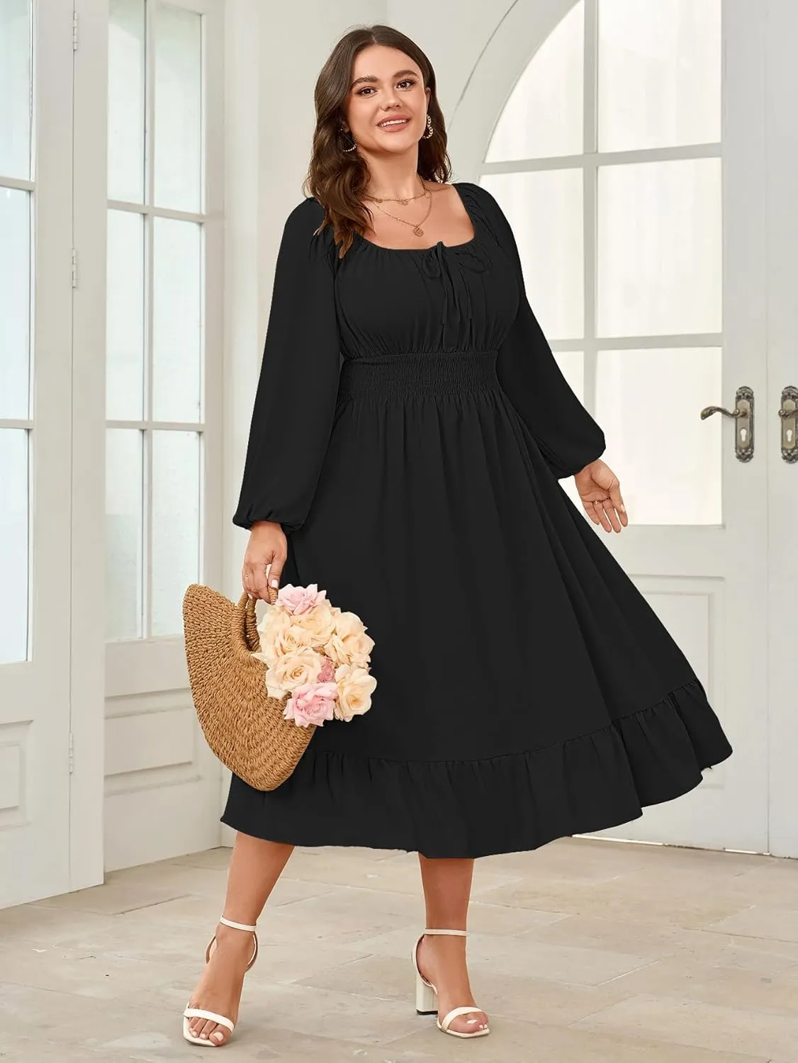 Women's Plus Size Midi Dress Long Sleeve Scoop Neck Elastic High Waist A Line Dresses for Women Wedding Guest Dress