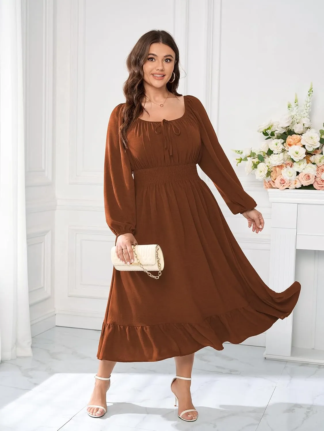 Women's Plus Size Midi Dress Long Sleeve Scoop Neck Elastic High Waist A Line Dresses for Women Wedding Guest Dress