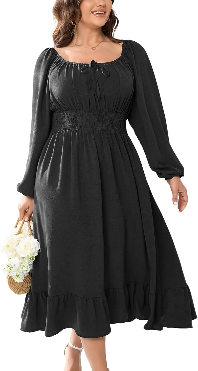 Women's Plus Size Midi Dress Long Sleeve Scoop Neck Elastic High Waist A Line Dresses for Women Wedding Guest Dress