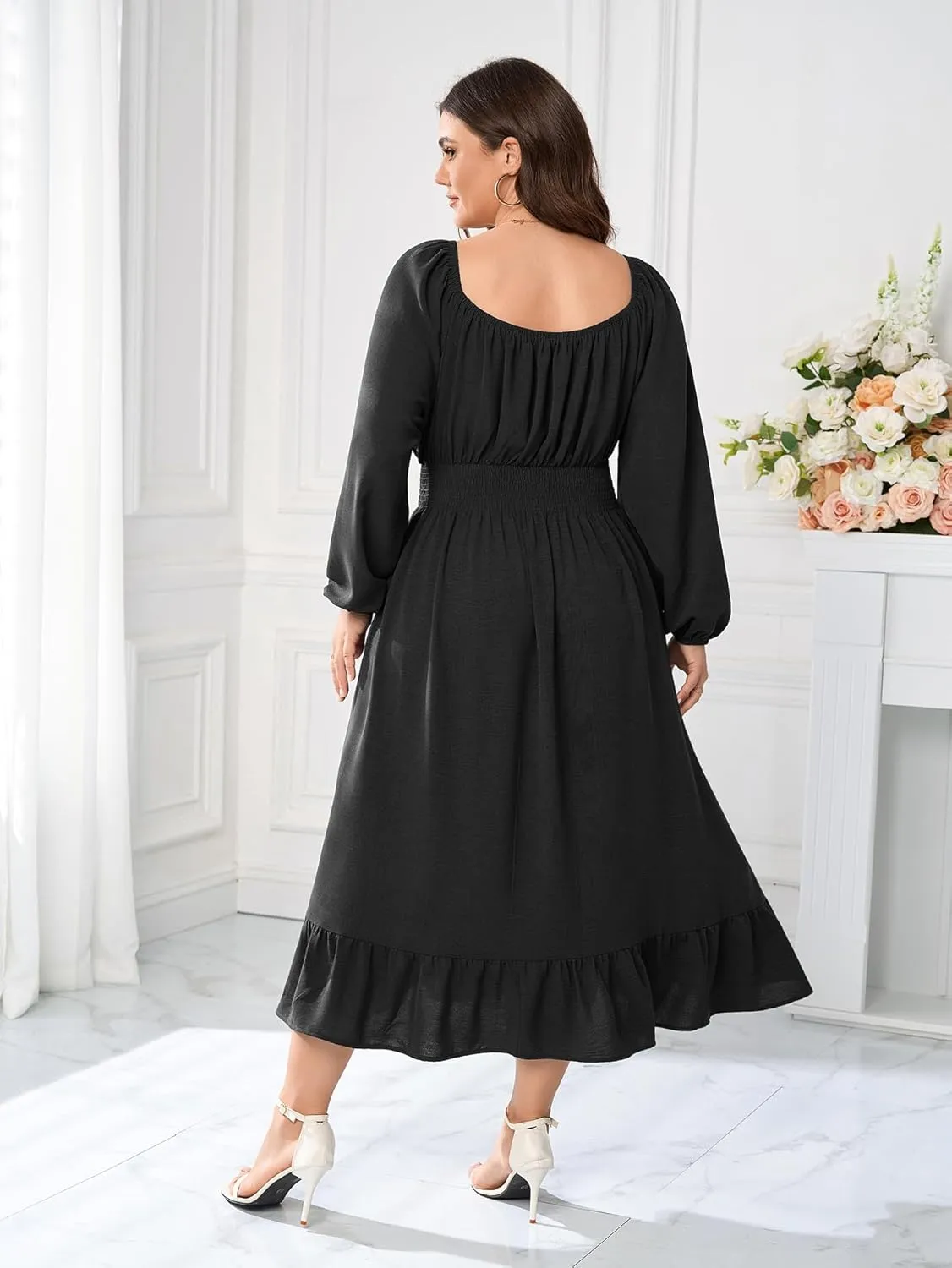 Women's Plus Size Midi Dress Long Sleeve Scoop Neck Elastic High Waist A Line Dresses for Women Wedding Guest Dress