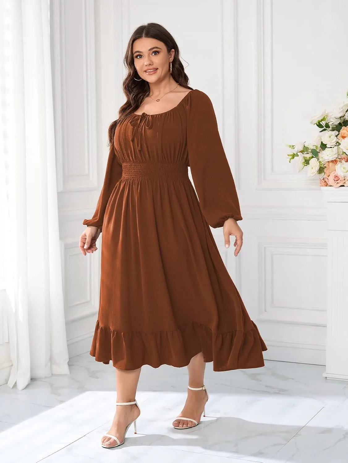 Women's Plus Size Midi Dress Long Sleeve Scoop Neck Elastic High Waist A Line Dresses for Women Wedding Guest Dress