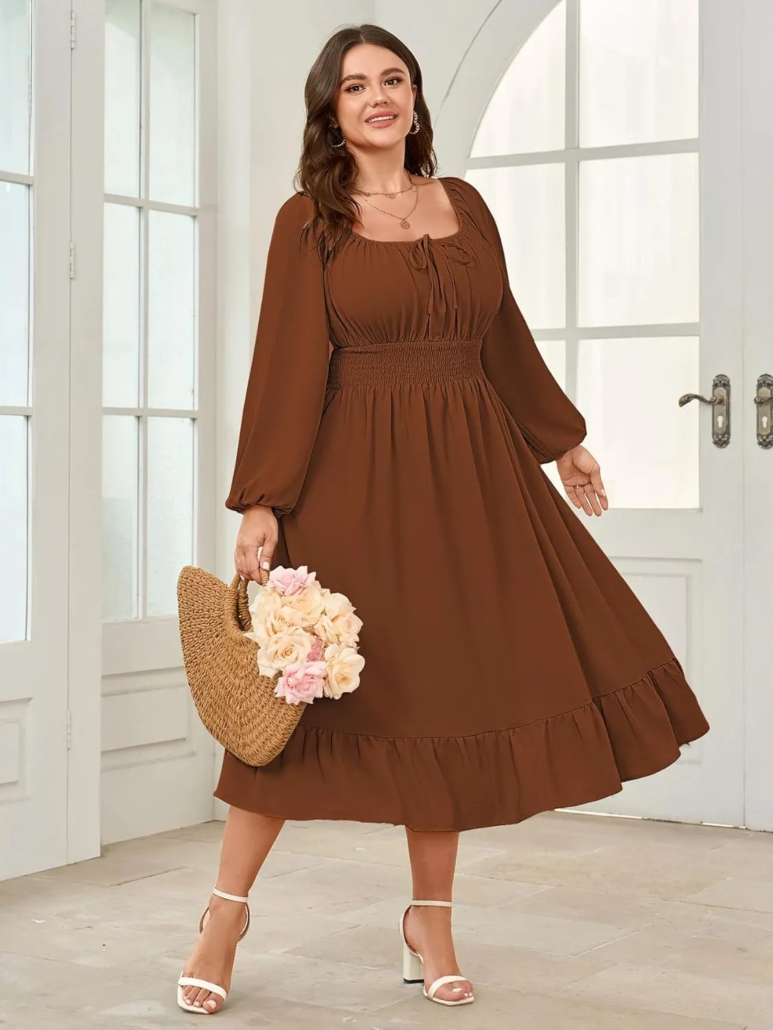 Women's Plus Size Midi Dress Long Sleeve Scoop Neck Elastic High Waist A Line Dresses for Women Wedding Guest Dress