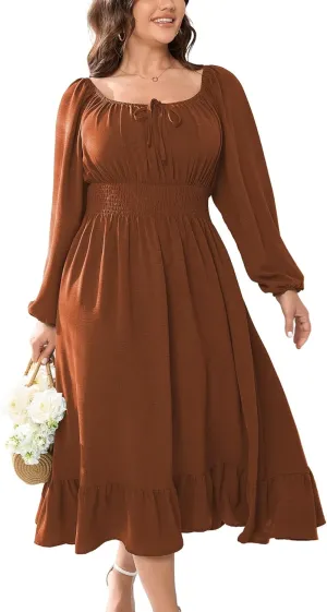 Women's Plus Size Midi Dress Long Sleeve Scoop Neck Elastic High Waist A Line Dresses for Women Wedding Guest Dress