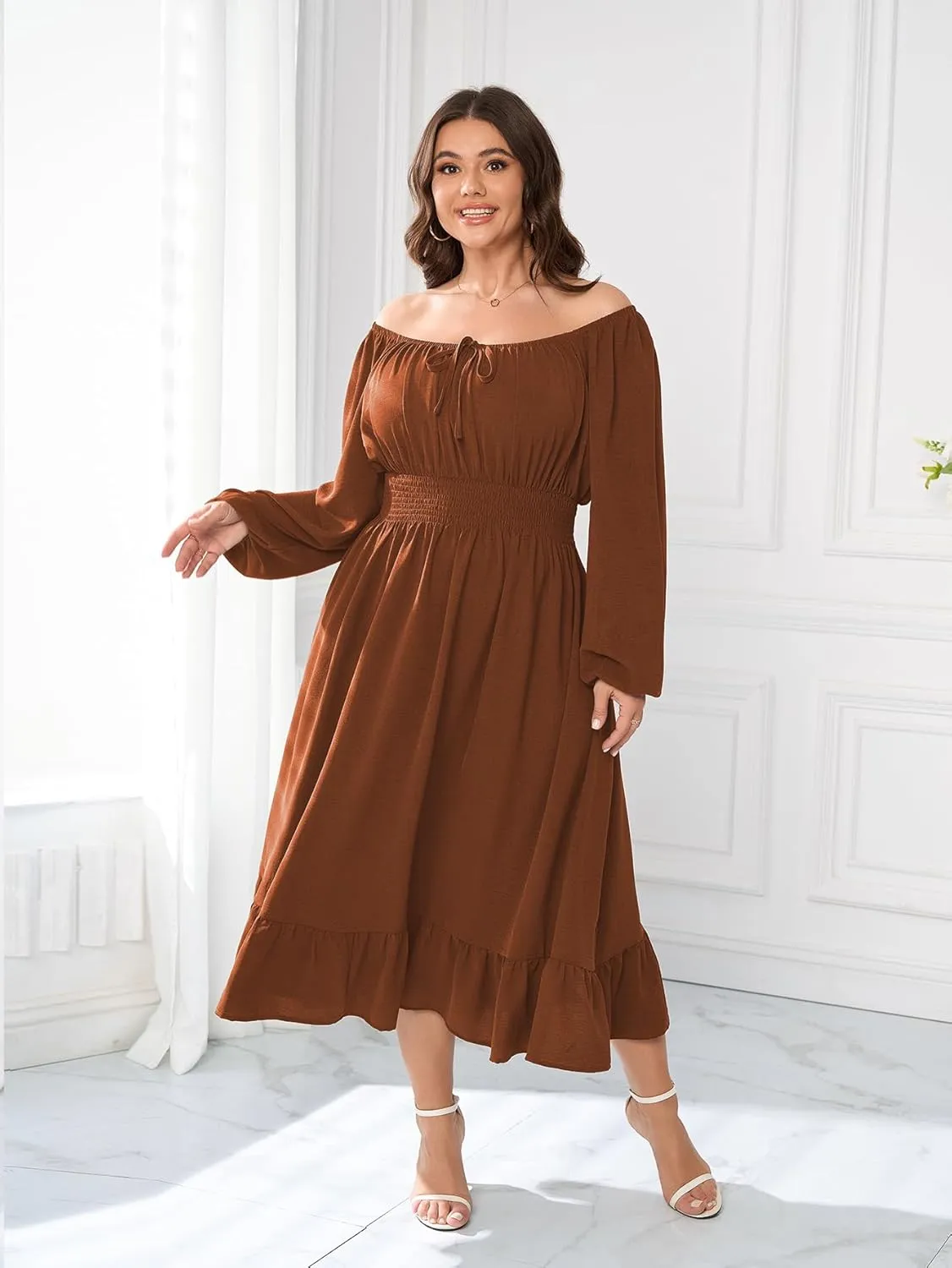 Women's Plus Size Midi Dress Long Sleeve Scoop Neck Elastic High Waist A Line Dresses for Women Wedding Guest Dress