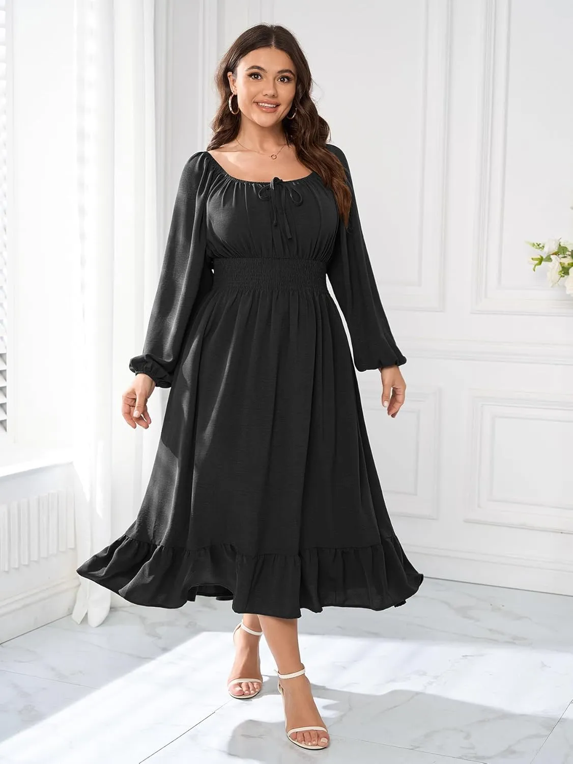 Women's Plus Size Midi Dress Long Sleeve Scoop Neck Elastic High Waist A Line Dresses for Women Wedding Guest Dress