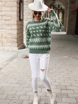 Women's Pullover Knit Contrast Jacquard Christmas Sweater