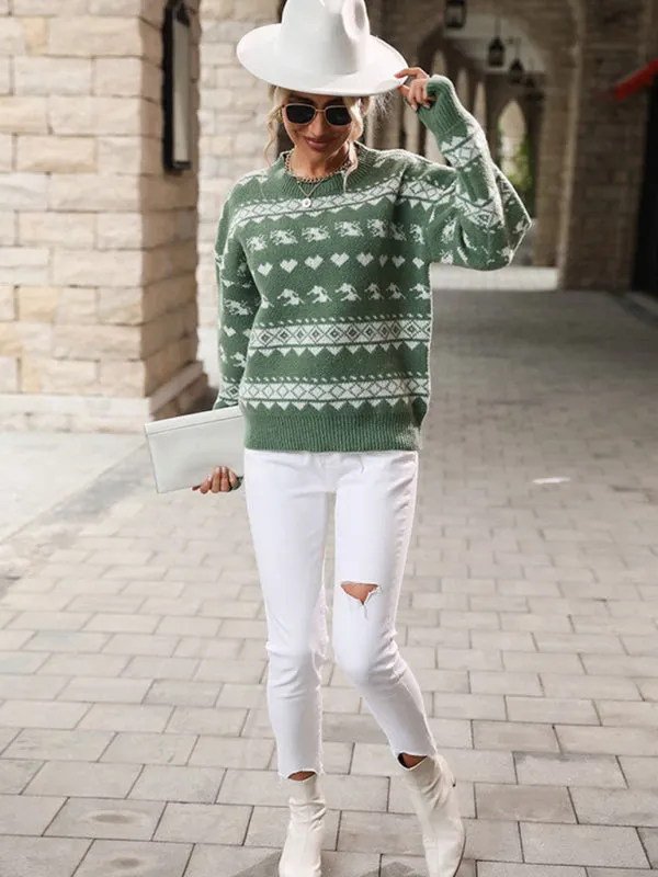 Women's Pullover Knit Contrast Jacquard Christmas Sweater