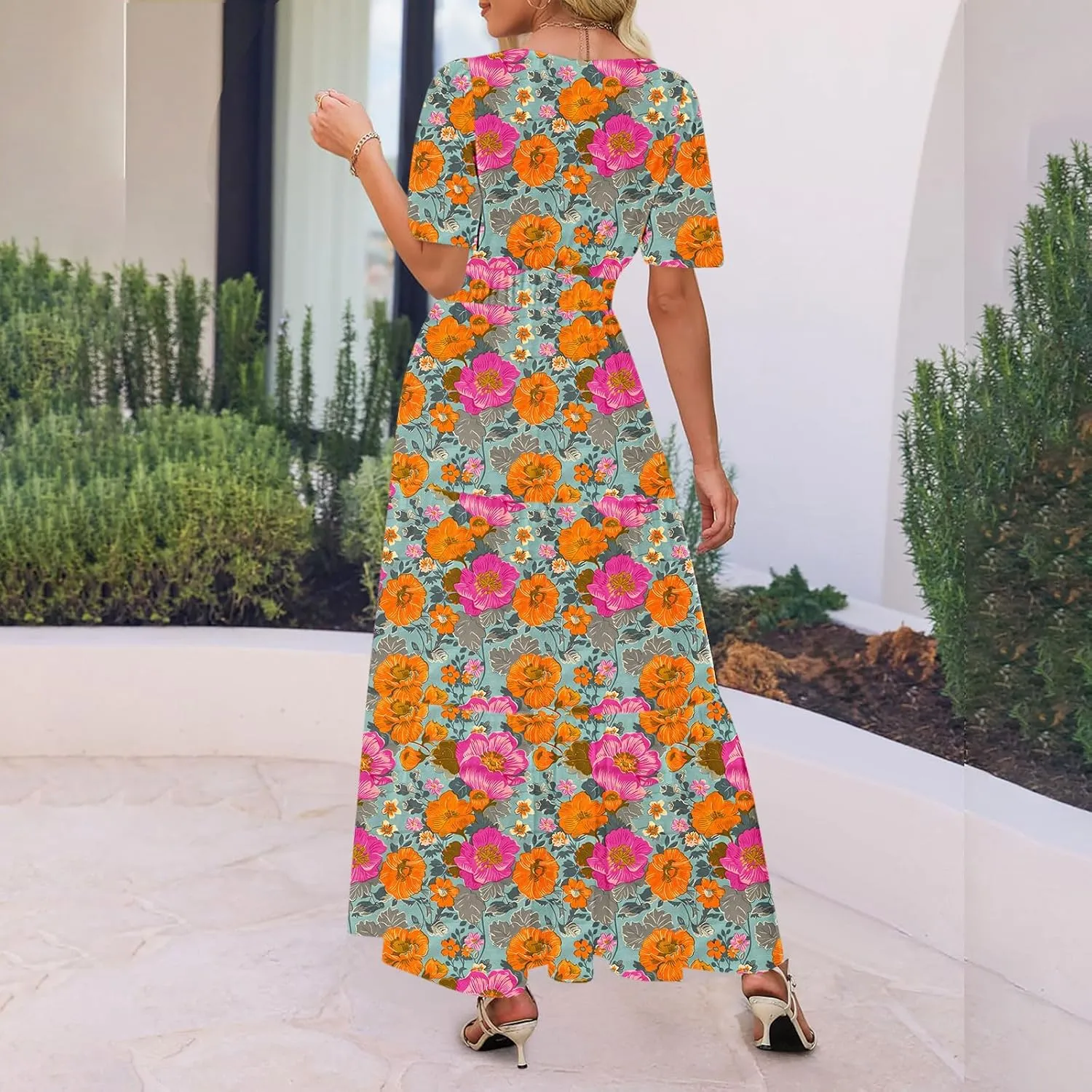 Womens Summer Floral Maxi Dress Boho Shoet Sleeve V Neck Elastic Waist A Line Elegant Flowy Dresses Vacation Clothes
