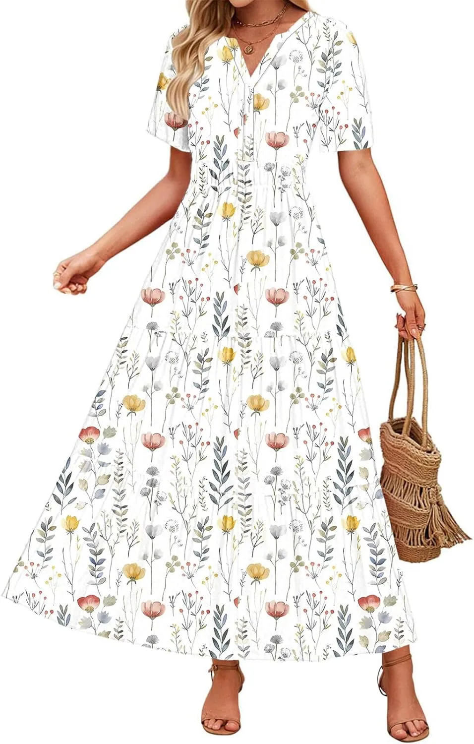 Womens Summer Floral Maxi Dress Boho Shoet Sleeve V Neck Elastic Waist A Line Elegant Flowy Dresses Vacation Clothes