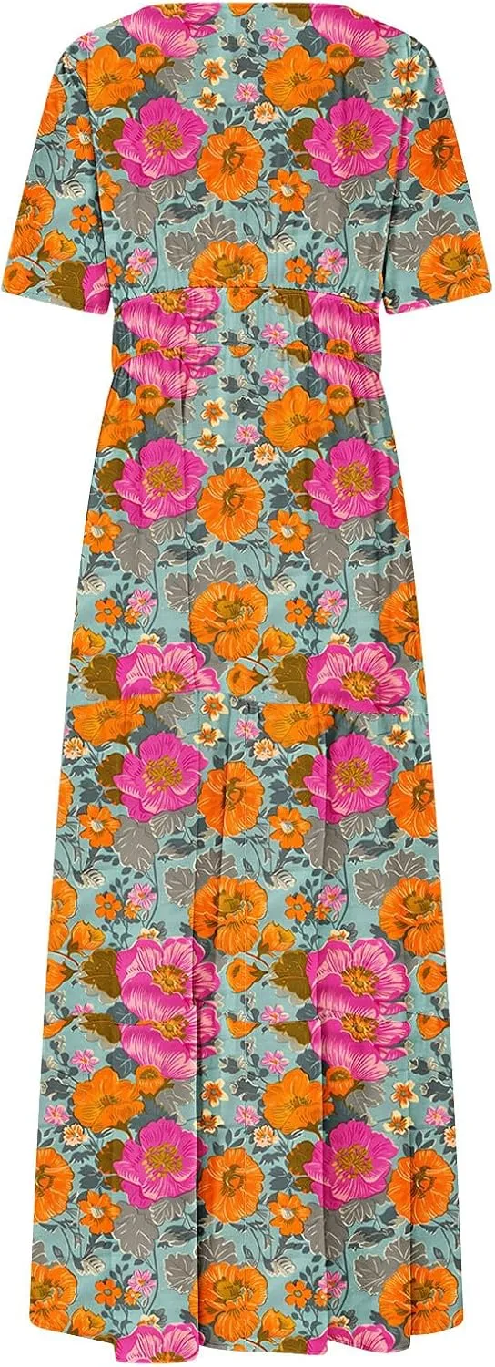 Womens Summer Floral Maxi Dress Boho Shoet Sleeve V Neck Elastic Waist A Line Elegant Flowy Dresses Vacation Clothes