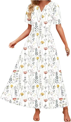 Womens Summer Floral Maxi Dress Boho Shoet Sleeve V Neck Elastic Waist A Line Elegant Flowy Dresses Vacation Clothes