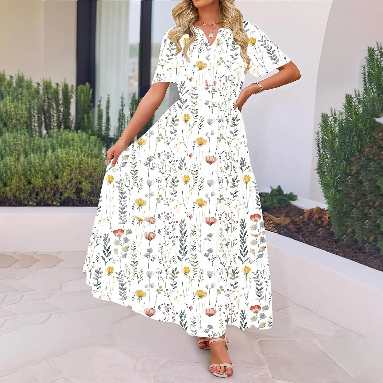 Womens Summer Floral Maxi Dress Boho Shoet Sleeve V Neck Elastic Waist A Line Elegant Flowy Dresses Vacation Clothes