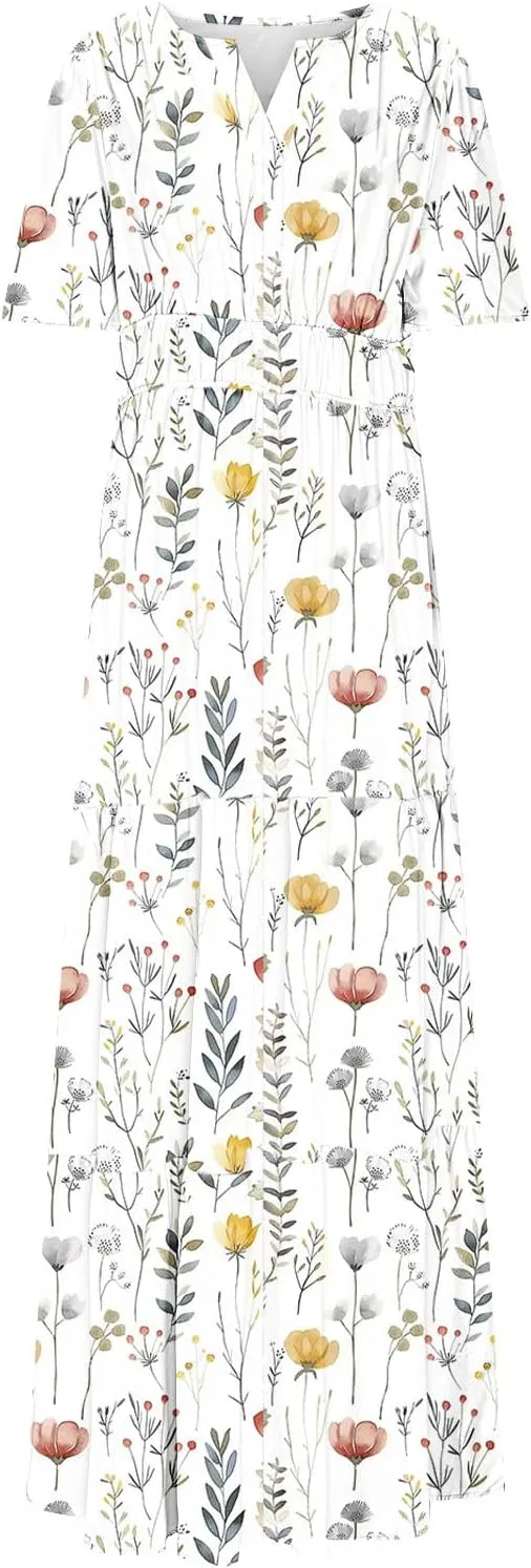 Womens Summer Floral Maxi Dress Boho Shoet Sleeve V Neck Elastic Waist A Line Elegant Flowy Dresses Vacation Clothes