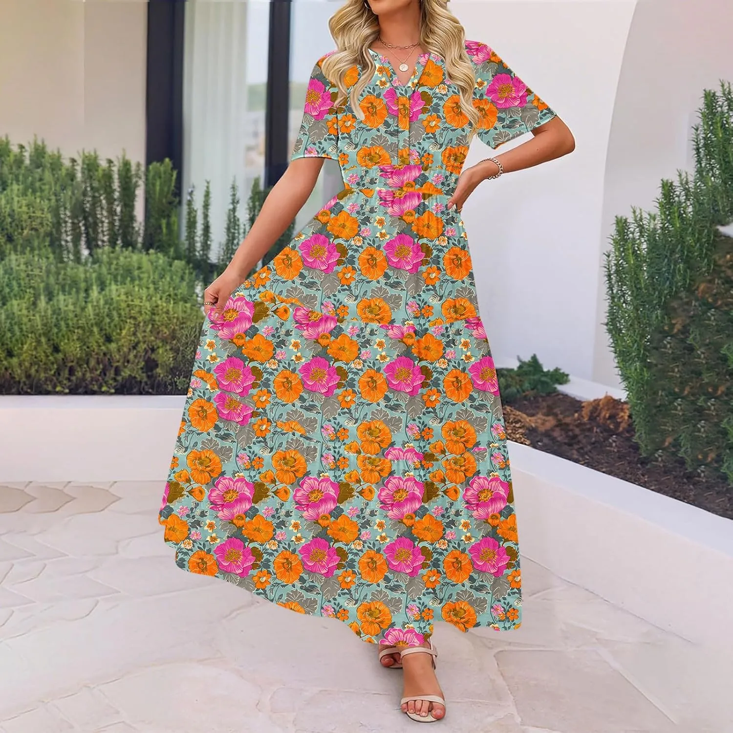 Womens Summer Floral Maxi Dress Boho Shoet Sleeve V Neck Elastic Waist A Line Elegant Flowy Dresses Vacation Clothes