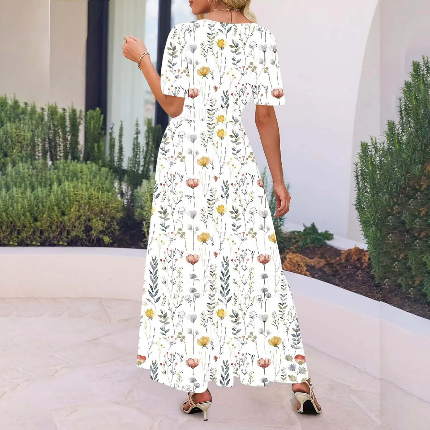 Womens Summer Floral Maxi Dress Boho Shoet Sleeve V Neck Elastic Waist A Line Elegant Flowy Dresses Vacation Clothes