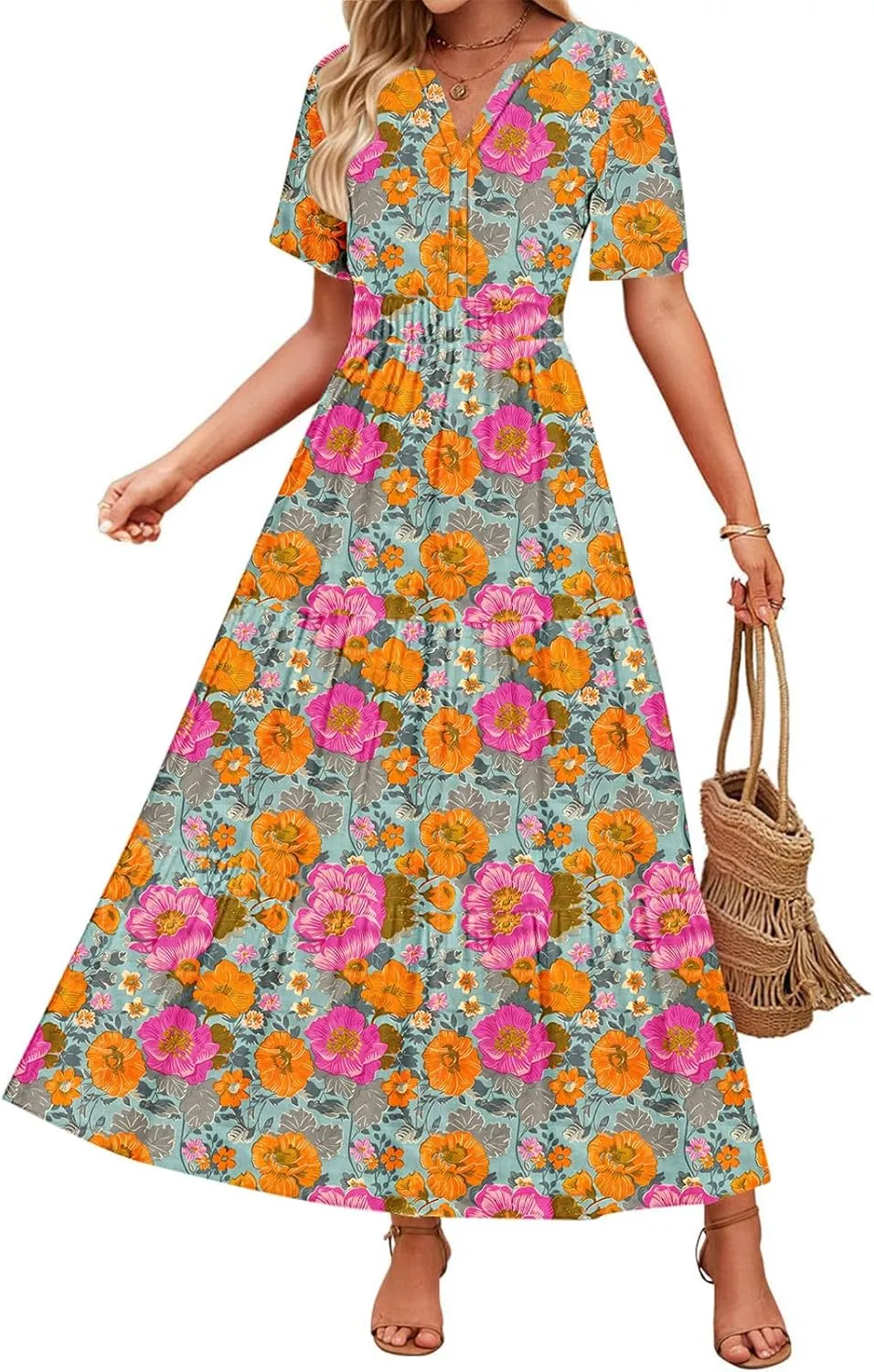 Womens Summer Floral Maxi Dress Boho Shoet Sleeve V Neck Elastic Waist A Line Elegant Flowy Dresses Vacation Clothes