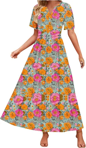 Womens Summer Floral Maxi Dress Boho Shoet Sleeve V Neck Elastic Waist A Line Elegant Flowy Dresses Vacation Clothes
