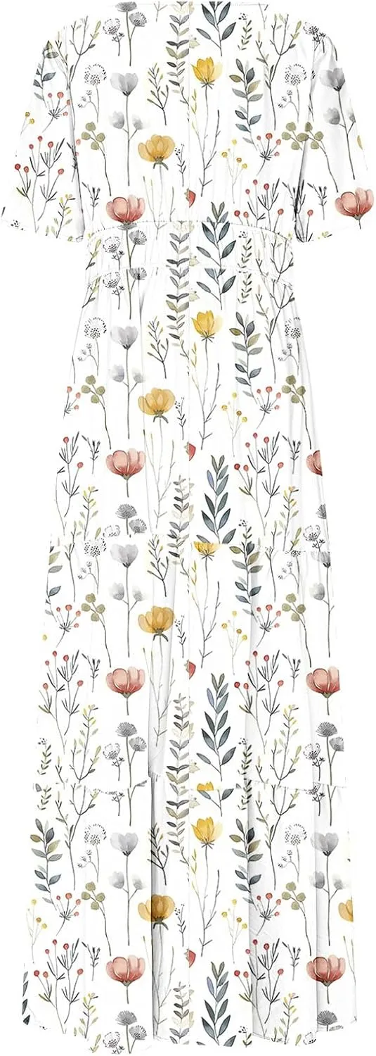 Womens Summer Floral Maxi Dress Boho Shoet Sleeve V Neck Elastic Waist A Line Elegant Flowy Dresses Vacation Clothes