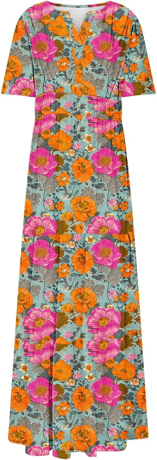 Womens Summer Floral Maxi Dress Boho Shoet Sleeve V Neck Elastic Waist A Line Elegant Flowy Dresses Vacation Clothes