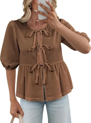 Women's Tie Front Peplum Blouses Puff Short Sleeve Crewneck Shirt Cute Y2K Coquette Babydoll Going Out Tops