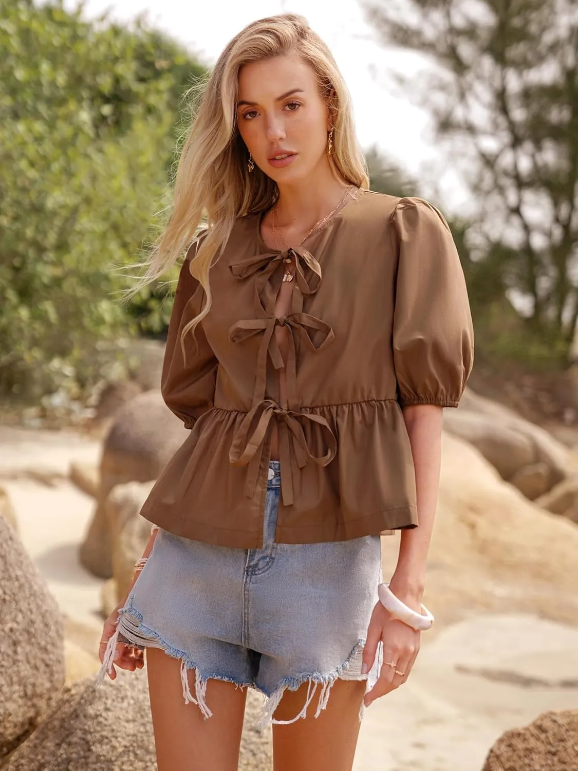 Women's Tie Front Peplum Blouses Puff Short Sleeve Crewneck Shirt Cute Y2K Coquette Babydoll Going Out Tops
