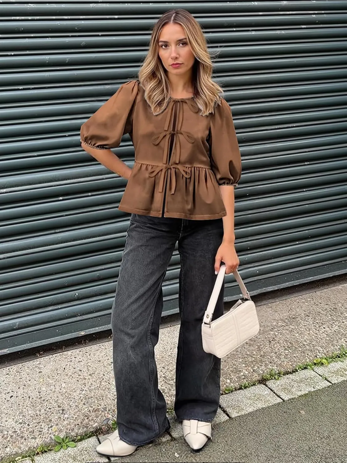 Women's Tie Front Peplum Blouses Puff Short Sleeve Crewneck Shirt Cute Y2K Coquette Babydoll Going Out Tops