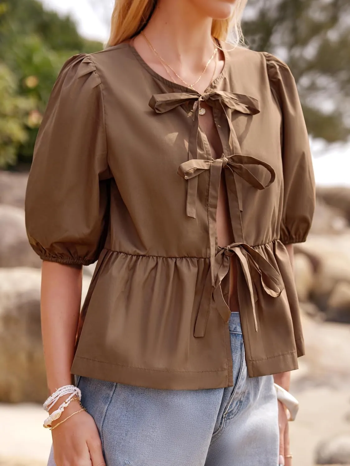 Women's Tie Front Peplum Blouses Puff Short Sleeve Crewneck Shirt Cute Y2K Coquette Babydoll Going Out Tops