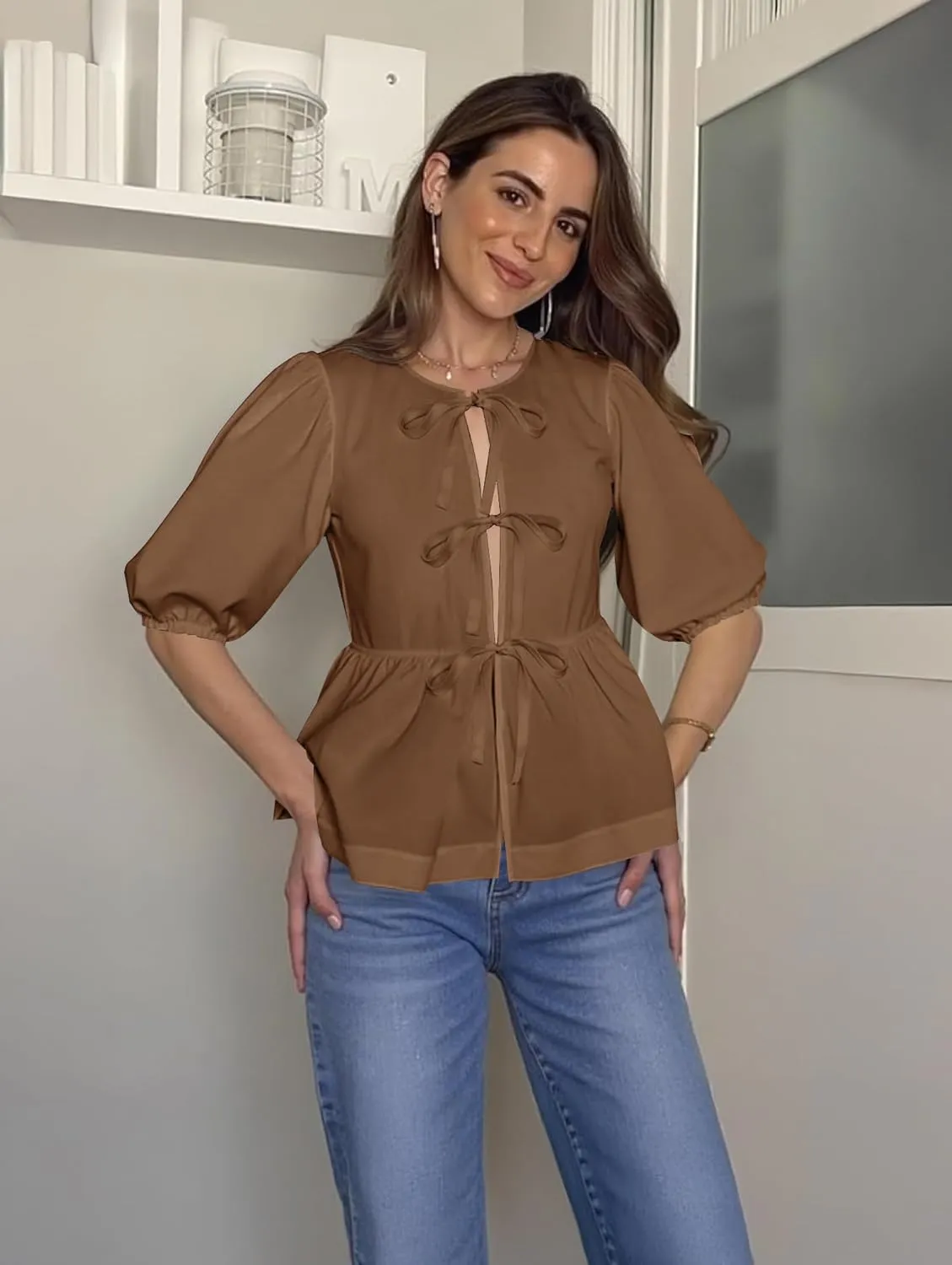 Women's Tie Front Peplum Blouses Puff Short Sleeve Crewneck Shirt Cute Y2K Coquette Babydoll Going Out Tops